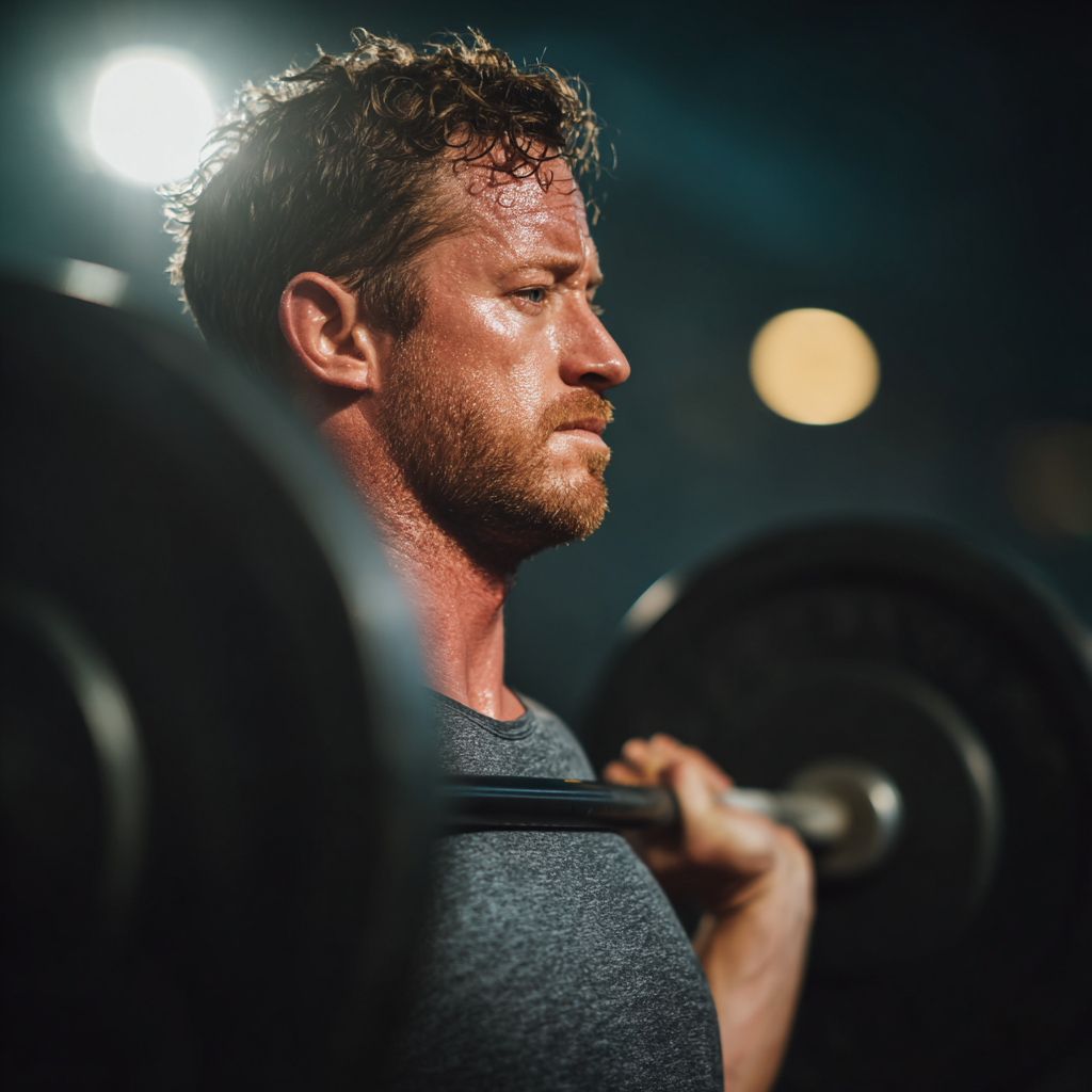 Strong determined man in gym lifting weights showing focus and determination